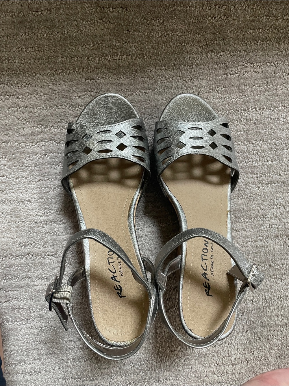 Kenneth Cole Reaction Metallic Silver Laser-Cut Wedge Sandals